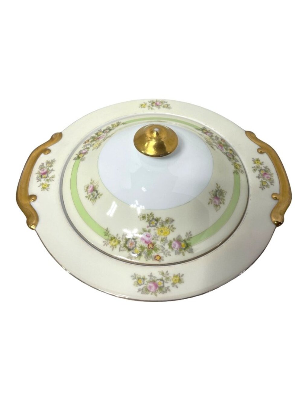 Meito China Round Lidded Veggie Dish Floral Gilt Handles Knob Japan 10"x5"